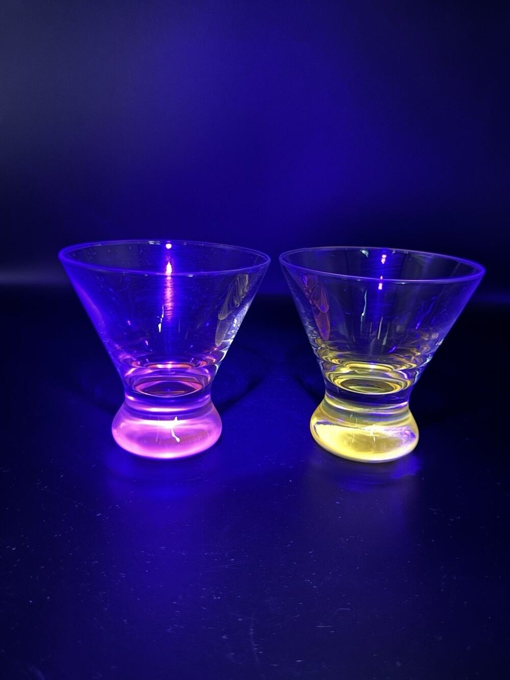 Crate & Barrel Dizzy Cocktail Glasses Pink Yellow Set of 2 UV Reactive 4”